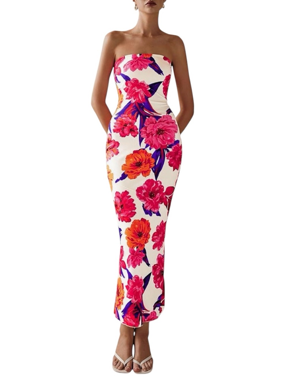 Strapless Floral Bodycon Maxi Dress in Pink & Orange on White